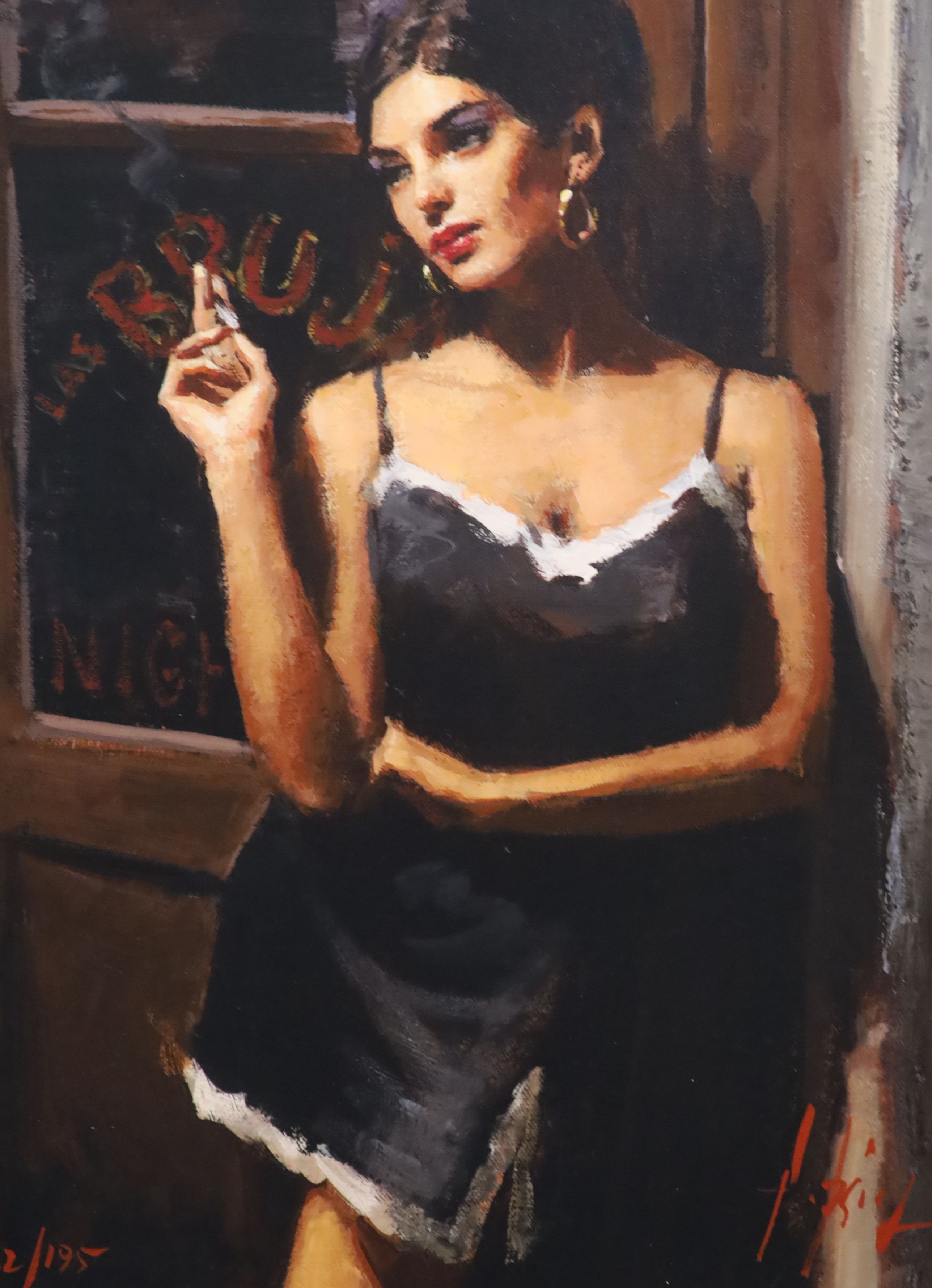 Fabian Perez, hand embellished giclee canvas, At The Door VI, 32/195, with COA, 60 x 45cm.